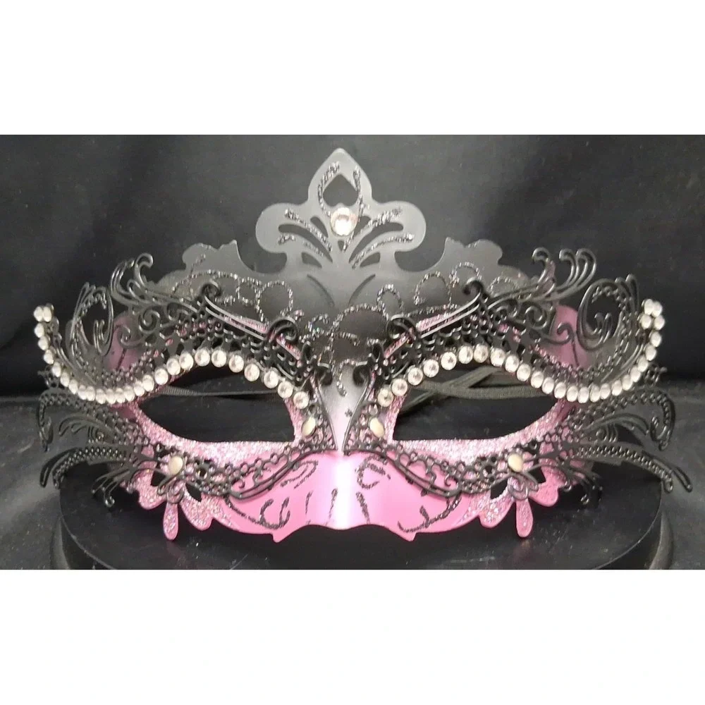 Black and Pink Laser-Cut Masquerade mask with Rhinestones Adult Size